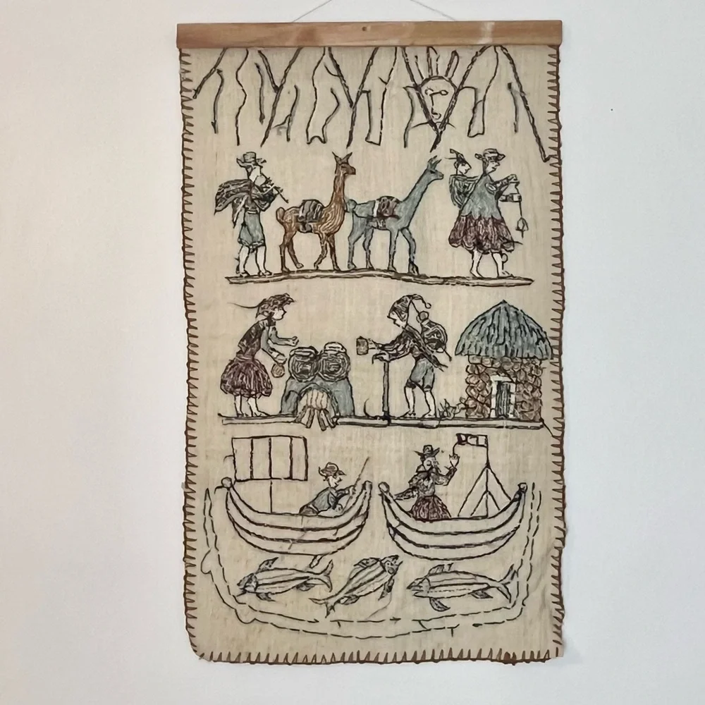 Peru Crewel Needlework Embroidered Wall Hanging Art Work Story Tapestry 35 x 21
